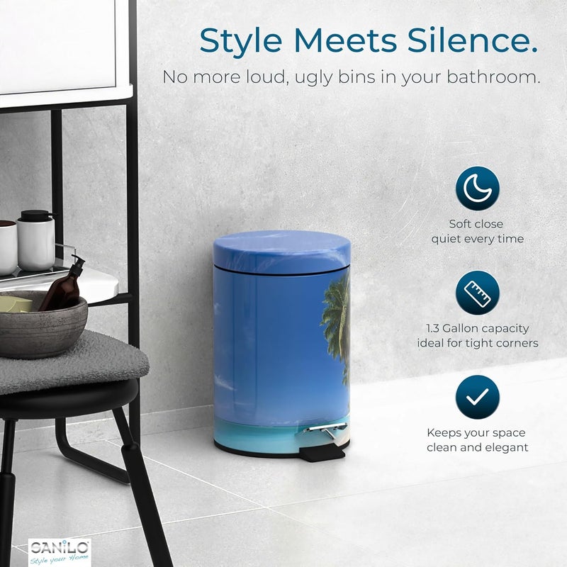 Sanilo Small Bathroom Trash Can with Lid [1.3 Gallon] - Lidded Tiny Trashcan for Garbage - Mini Metal Bin with Soft Closing Mechanism - Bath Room Accessoire Wastebin with Inner Bucket (Caribbean) - Image 3